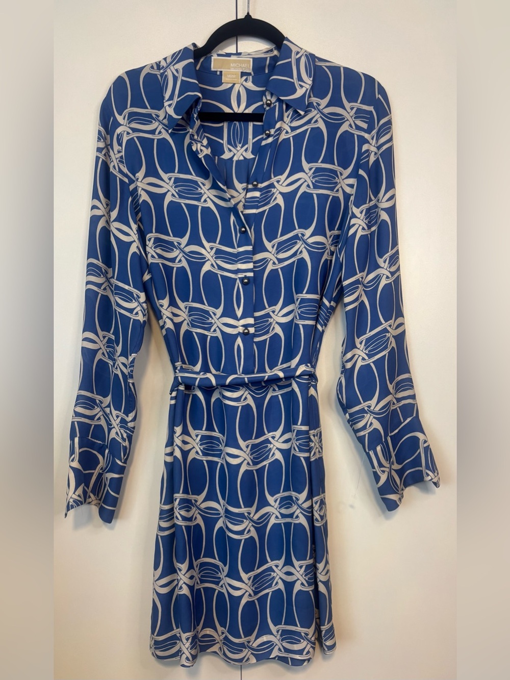 Michael Kors Blue & White Chain-Print Long Sleeve Shirt Dress